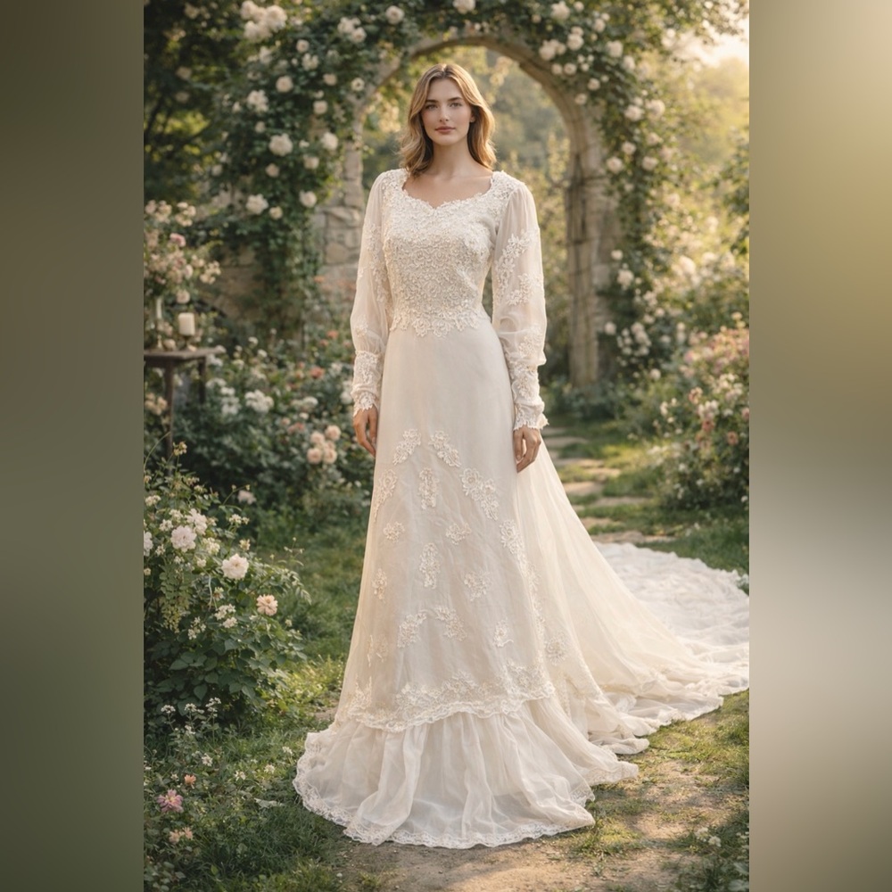 COUTURE Vintage 1970s Wedding Dress Gown Train Romantic Elopement 👰‍♀️SEND OFFER